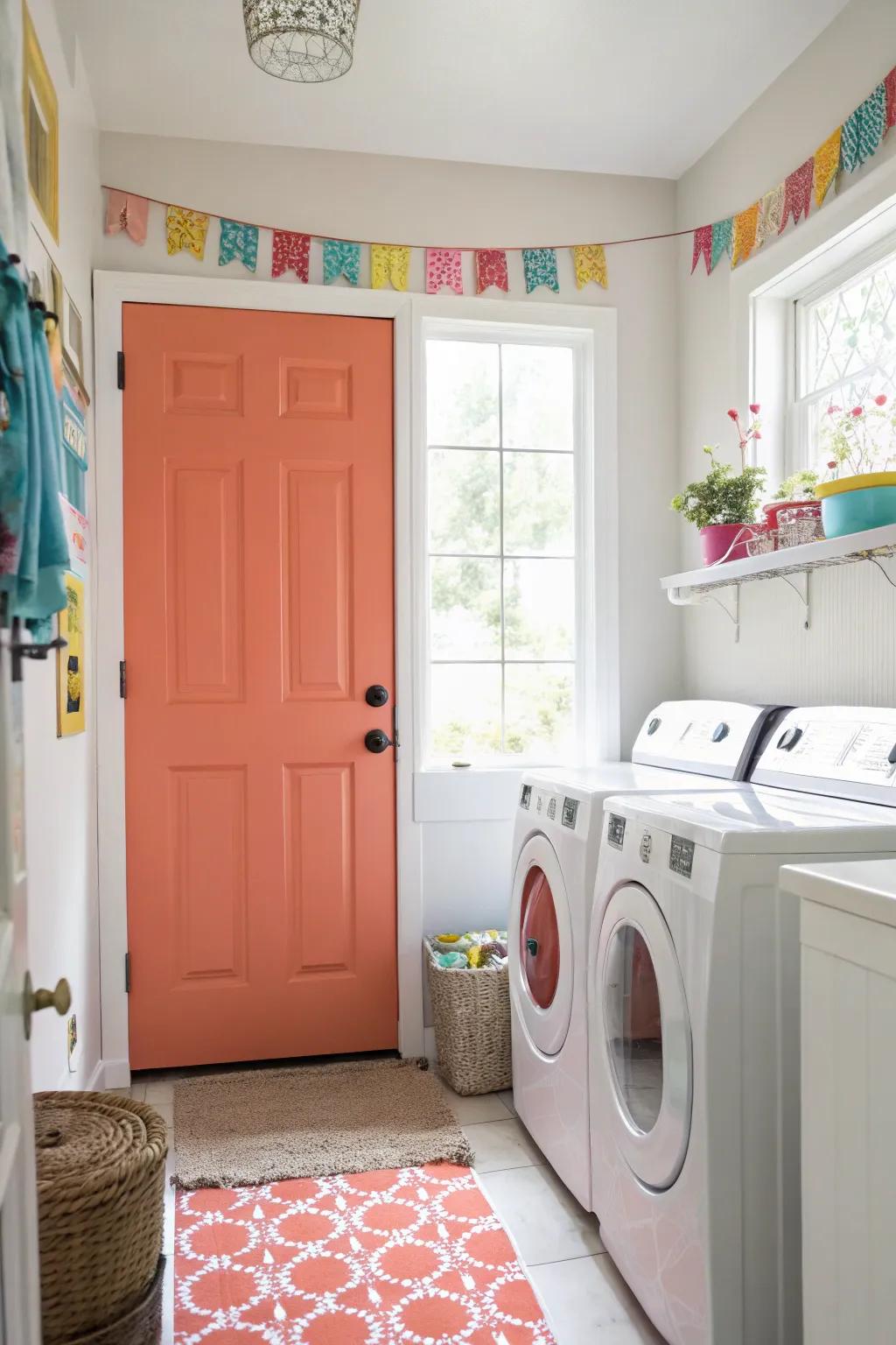 A flower shade entryway introduces a cheerful element to this bright washing area.