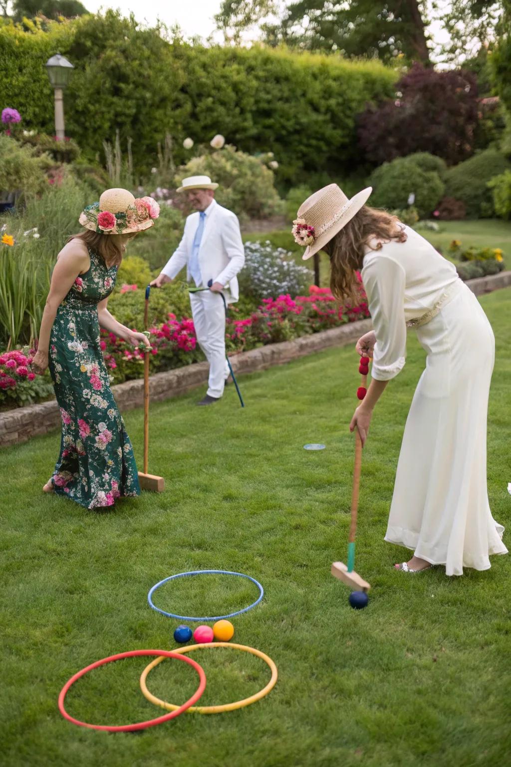 Attendees delight in traditional garden games within an abundant setting.