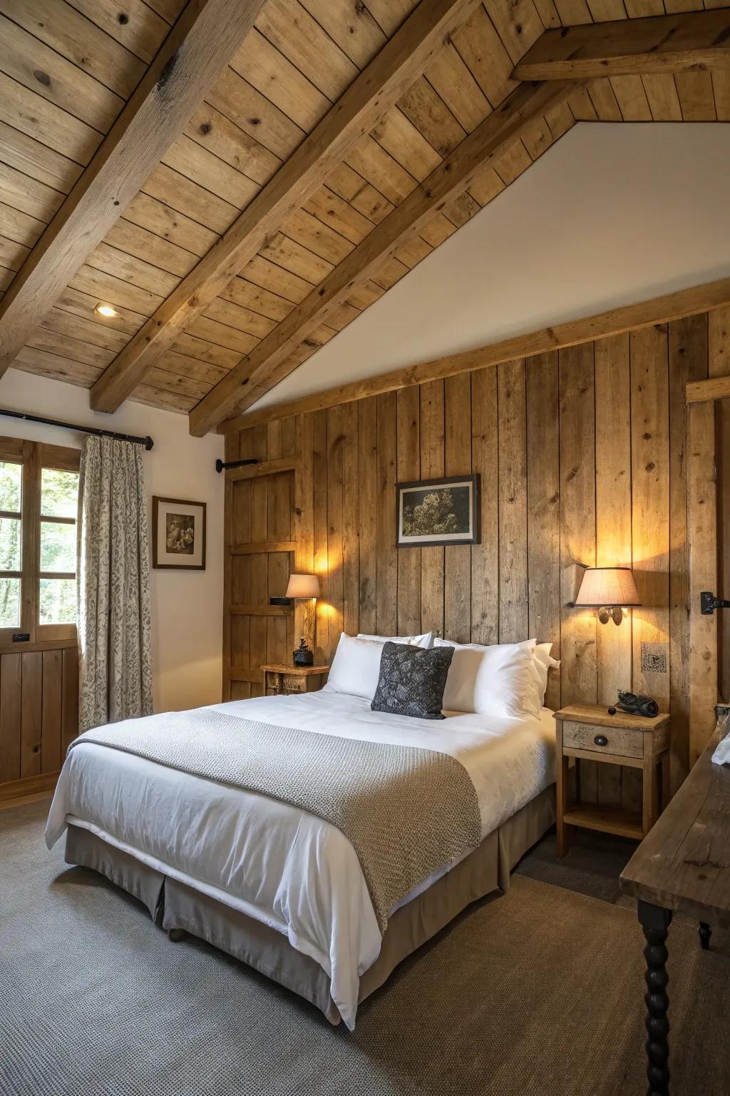 The space above the bed is made cozier by rustic wood components.