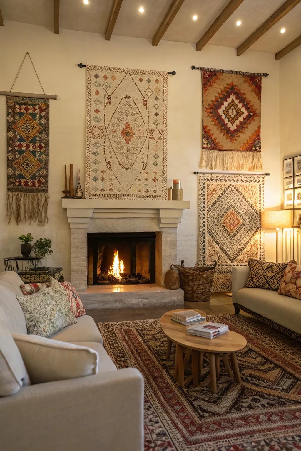 Textile art introduces a soft and bohemian element above the fireplace.