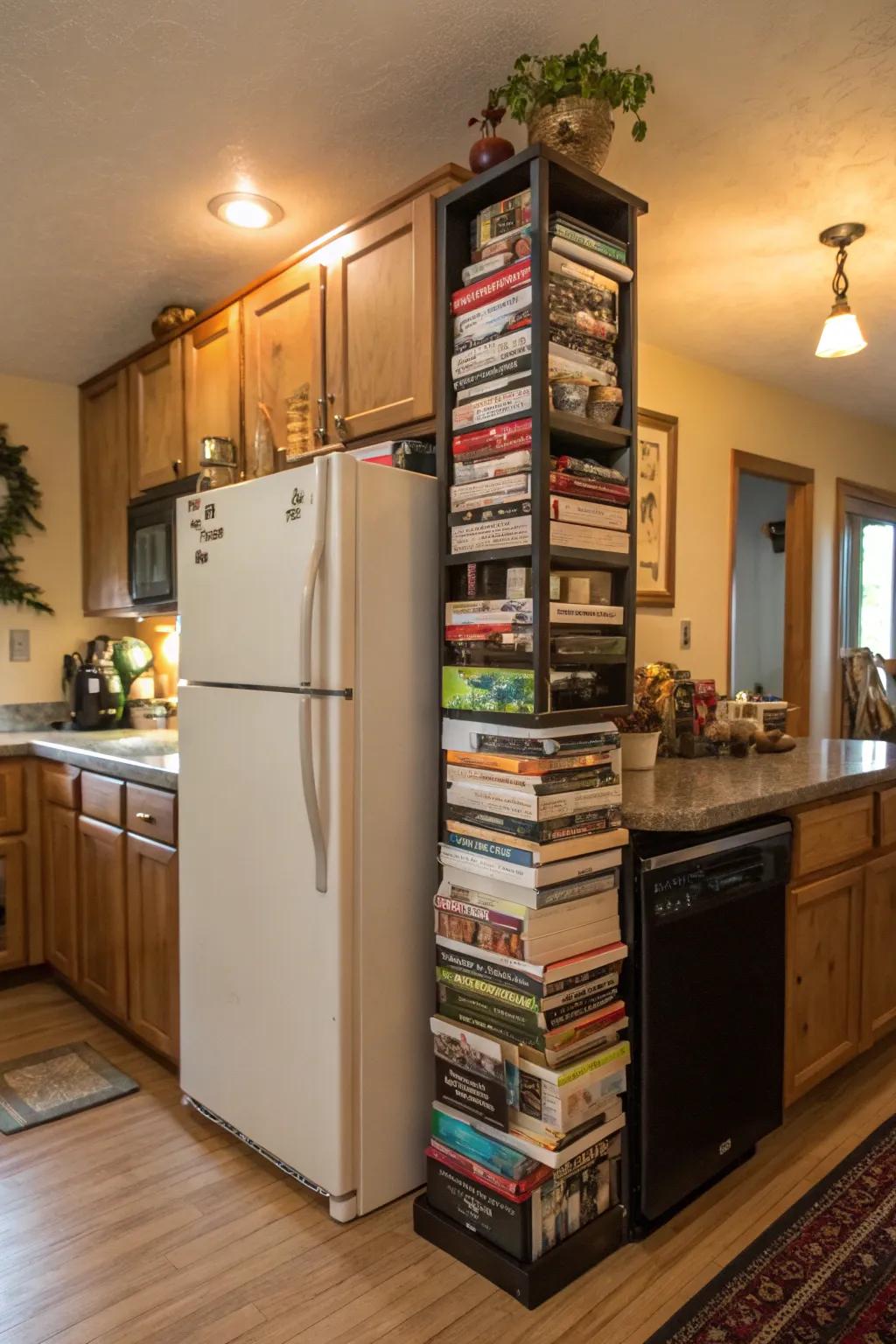 A small book space over the fridge ensures handy reading materials.