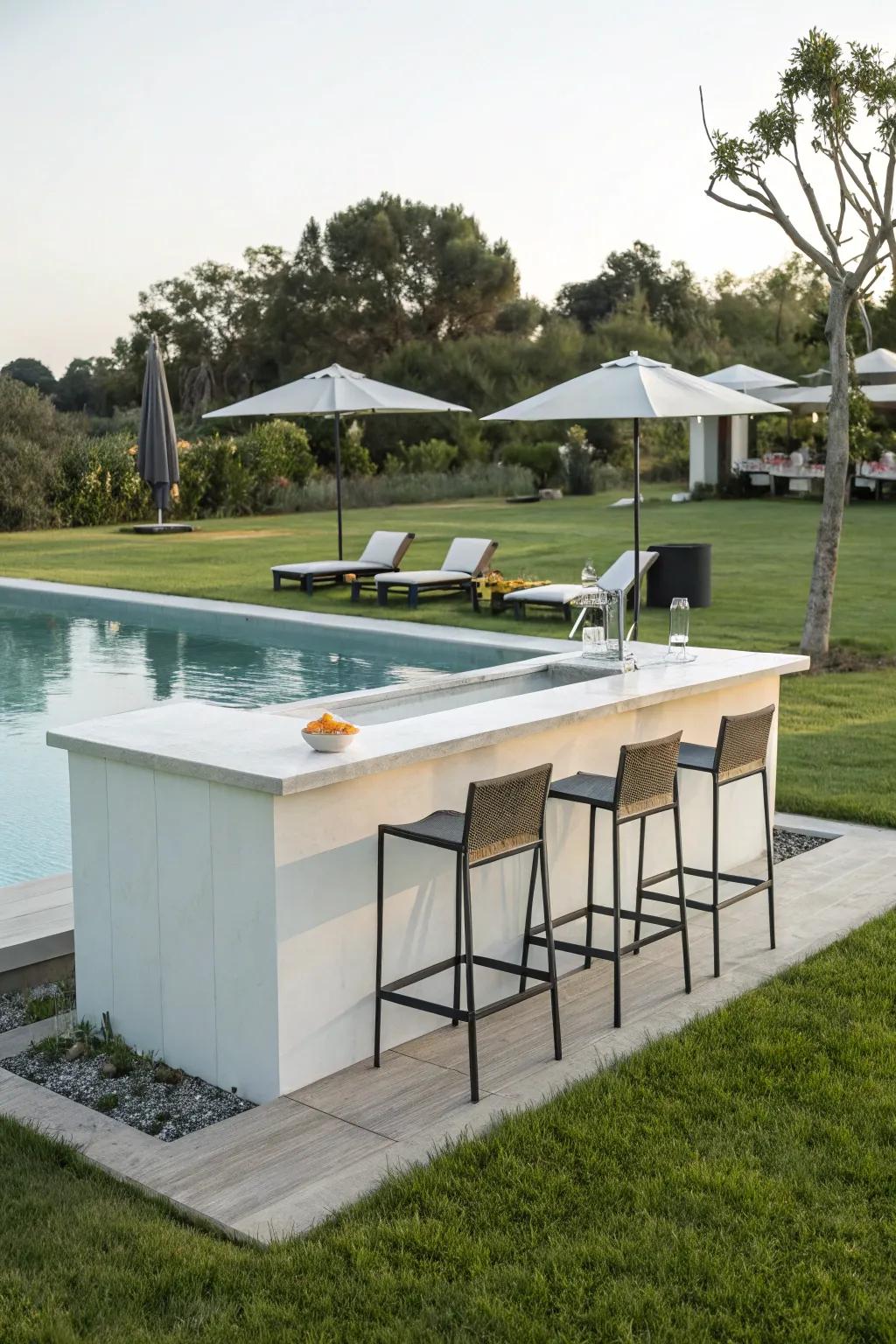 A minimalist bar design enhances a modern poolside look.