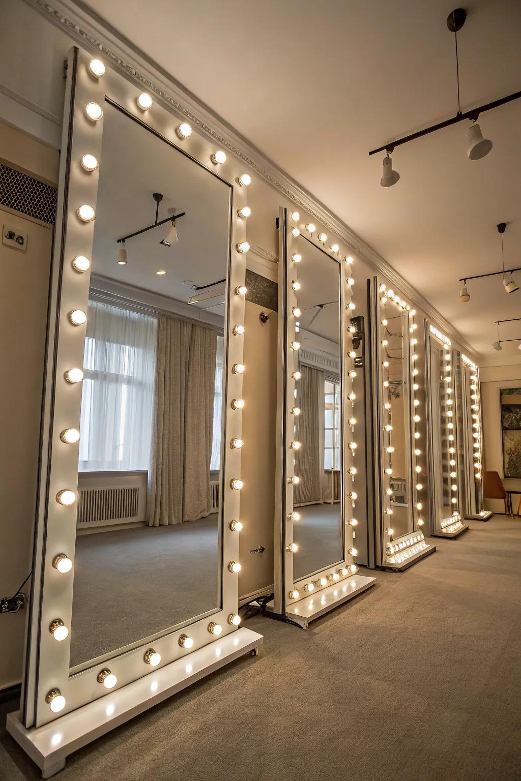 Mirrors with lights reflect and spread light, making spaces feel bigger.