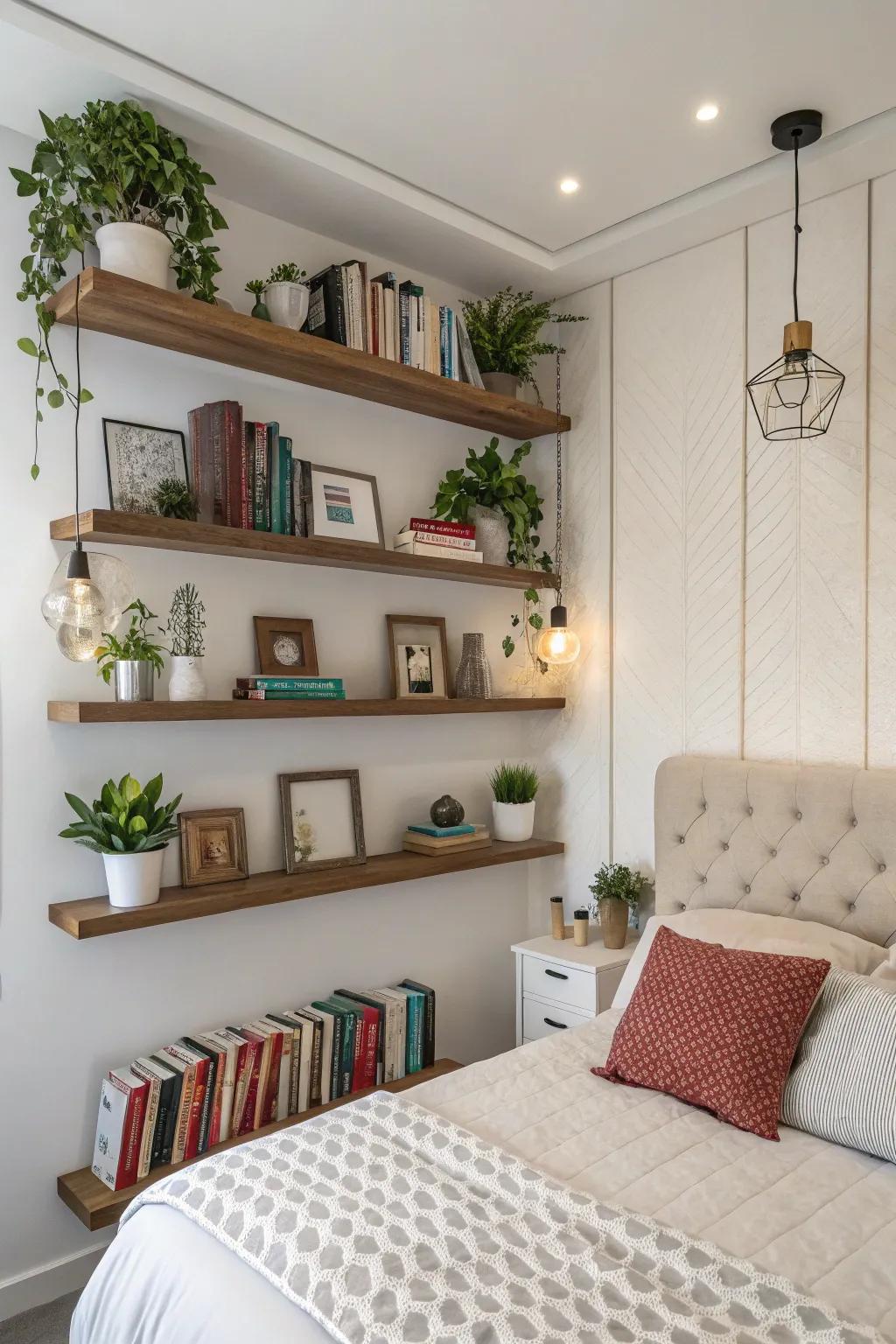 Floating shelves on the accent wall deliver flair and practical storage.