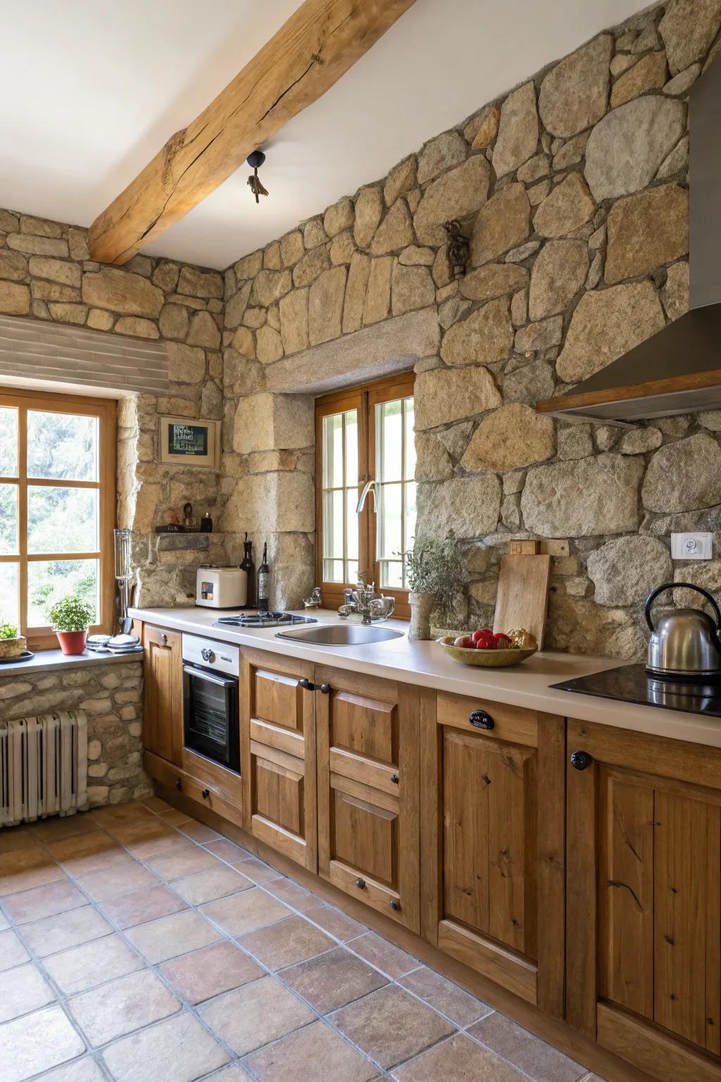 A culinary space featuring a rough rock accent wall for an earthy texture.