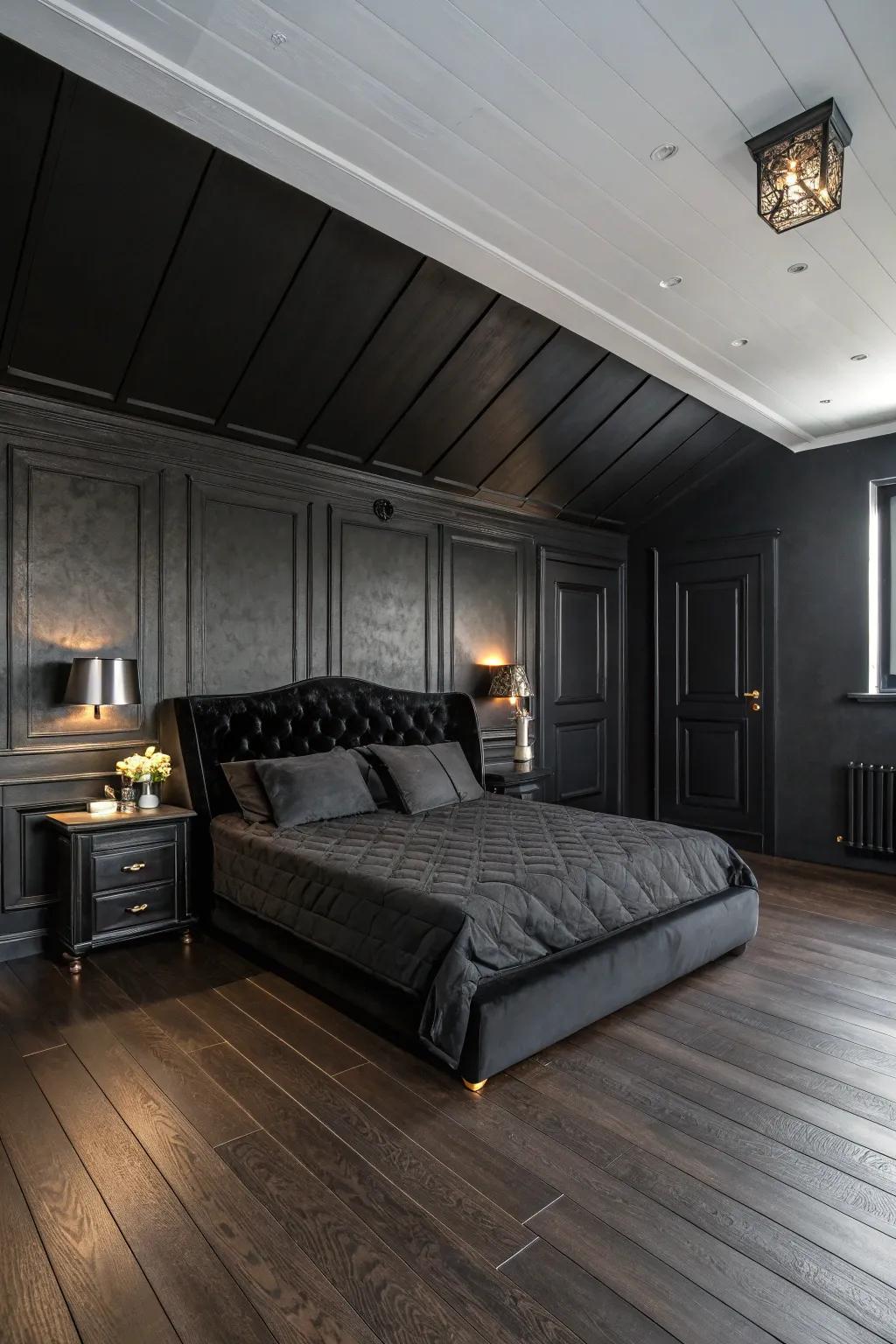 A charcoal boudoir exhibiting deep timber flooring and furnishings for augmented warmth.