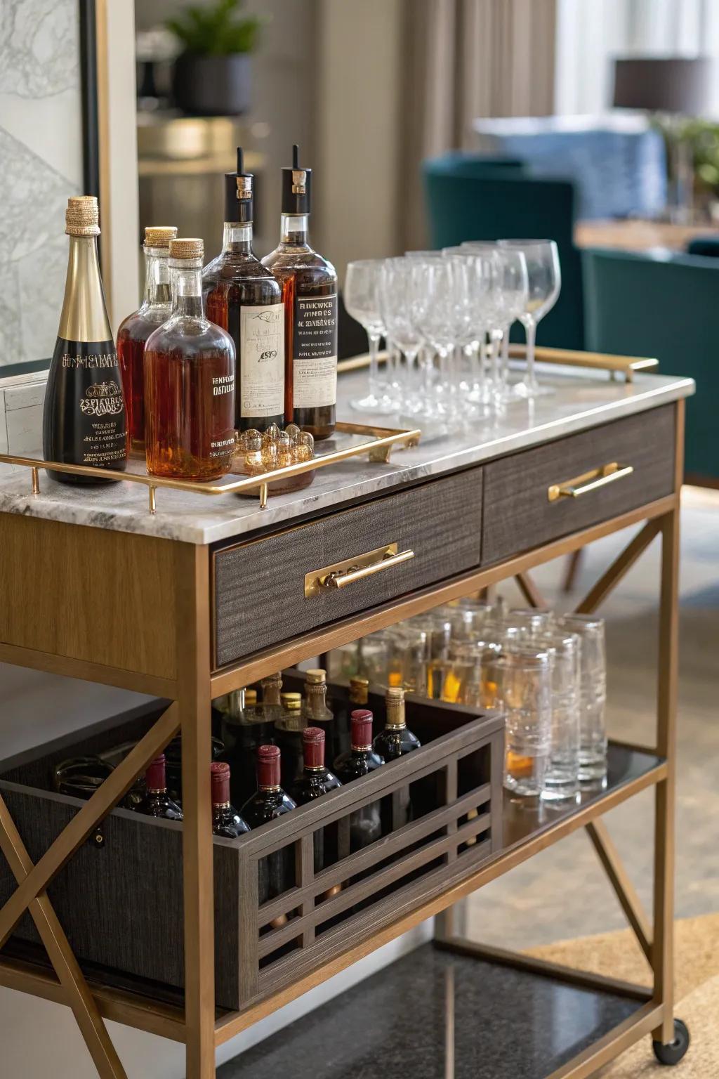 A console table stylishly used as a chic liquor storage area with bottles and glasses.