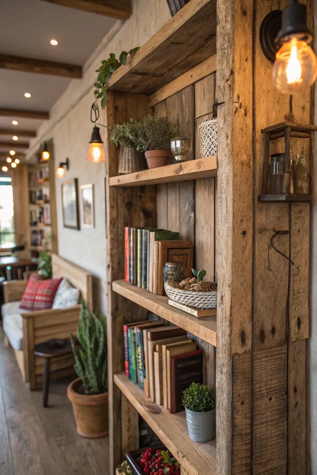 Introduce country charm using reclaimed lumber shelves.