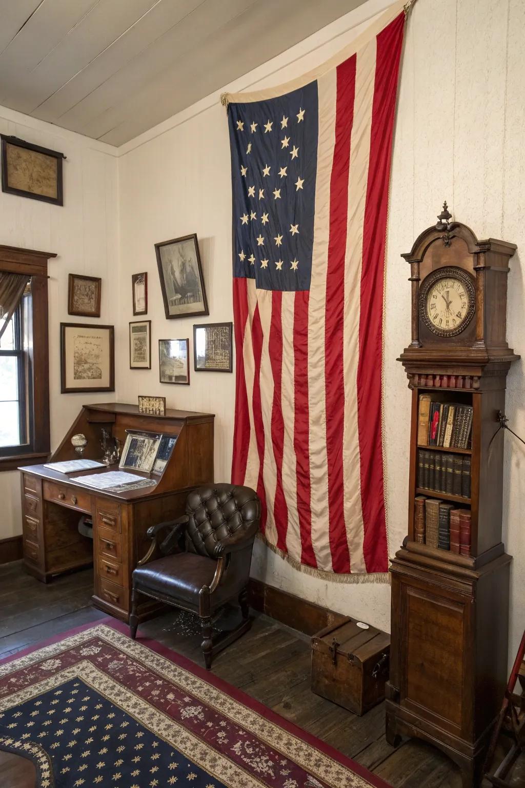 A timeworn flag exhibit imparts nostalgia and charm.