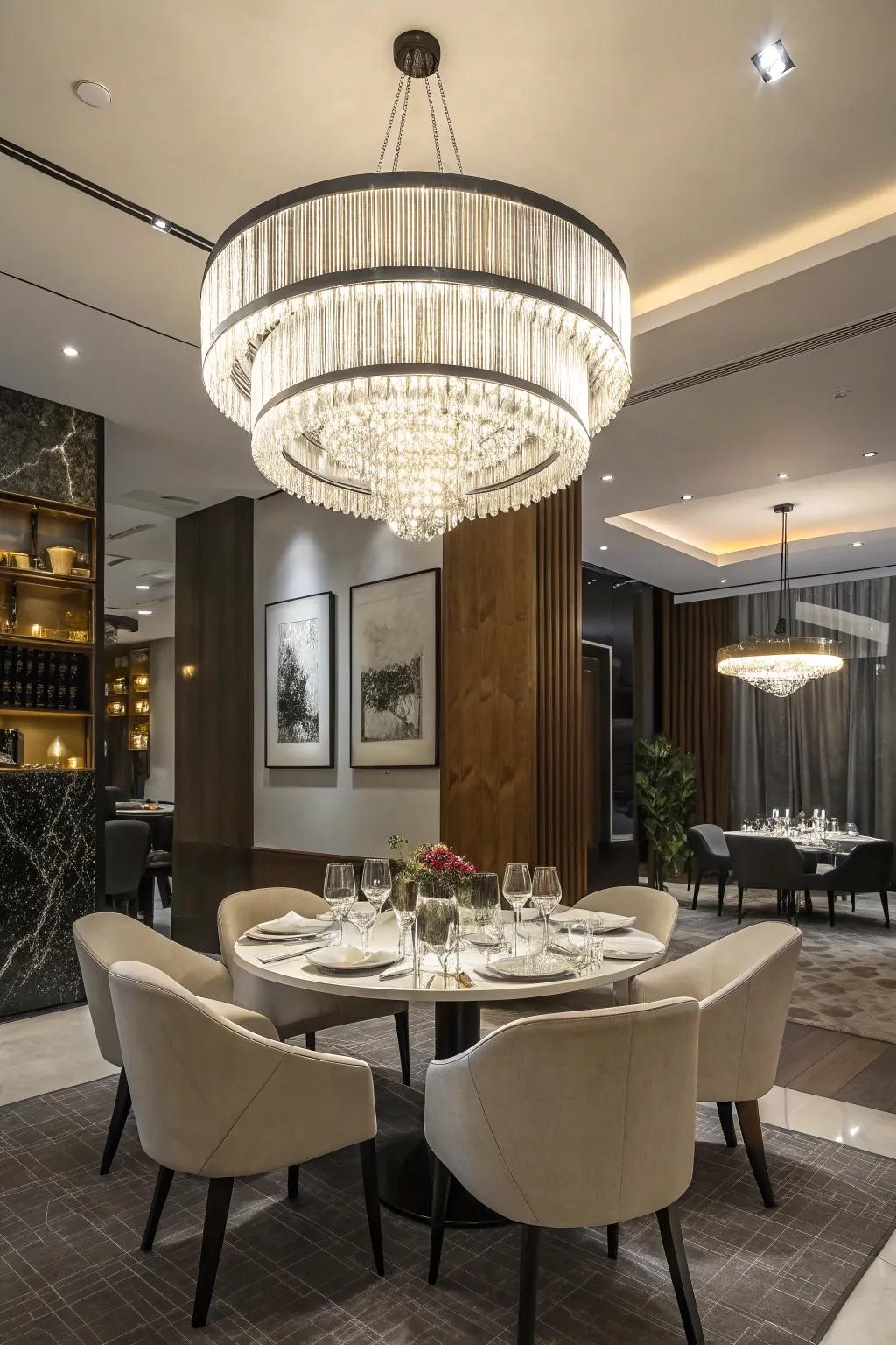 A dining area brightened by a bold, modern chandelier.