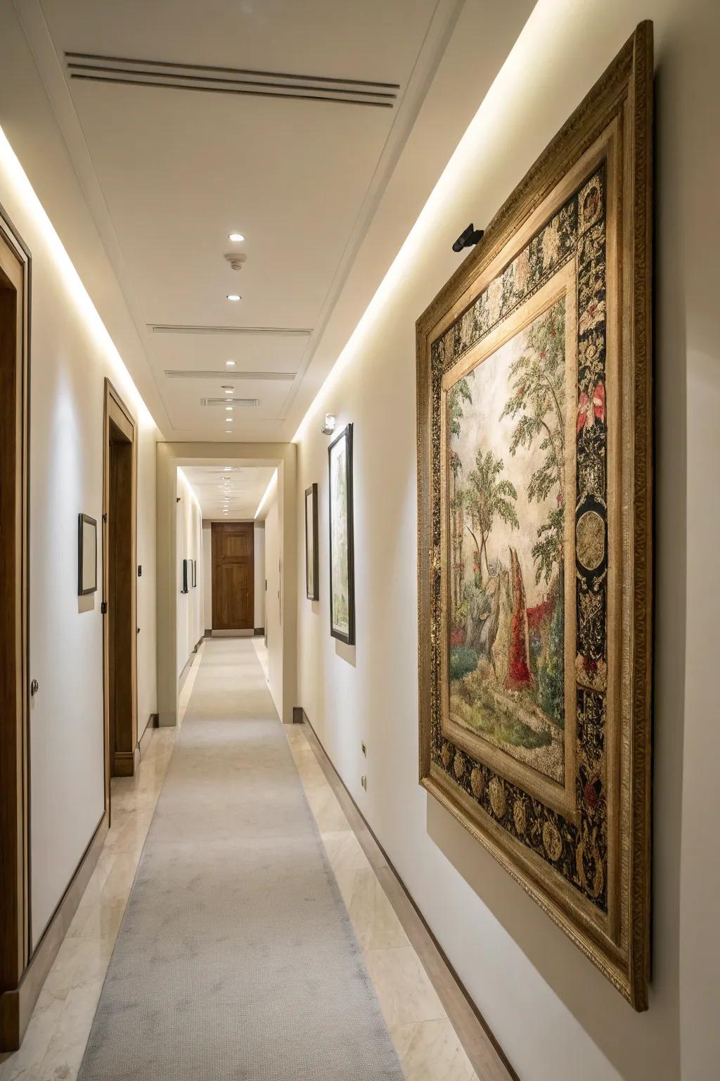 A framed wall hanging brings warmth and texture to this hallway, turning textile into art.