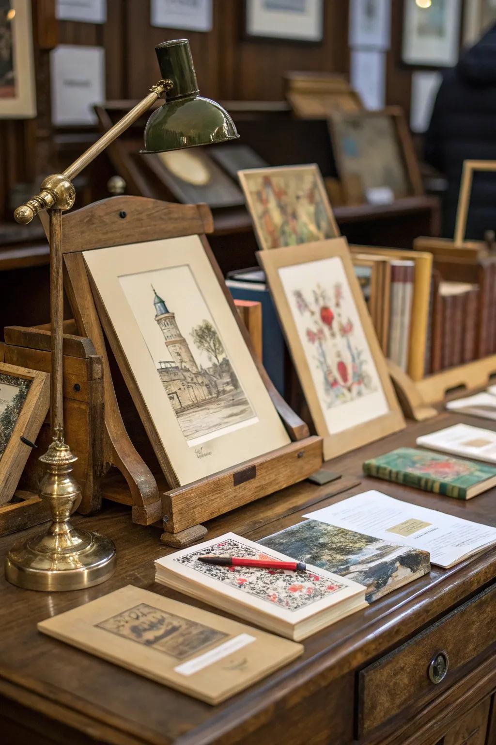 Art prints beautifully exhibited on timber stands.