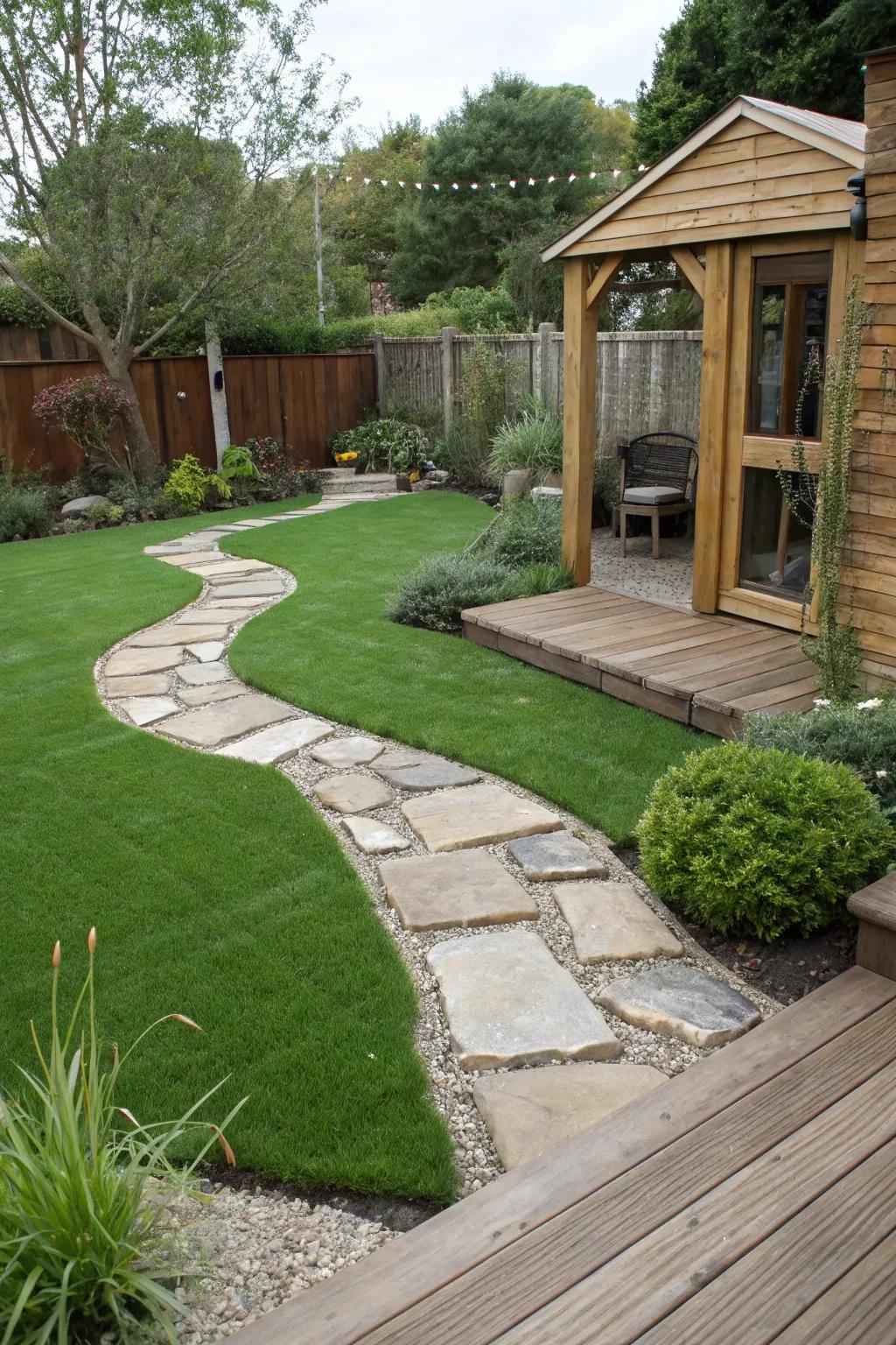 A modern garden with a blend of hardscape and synthetic turf.