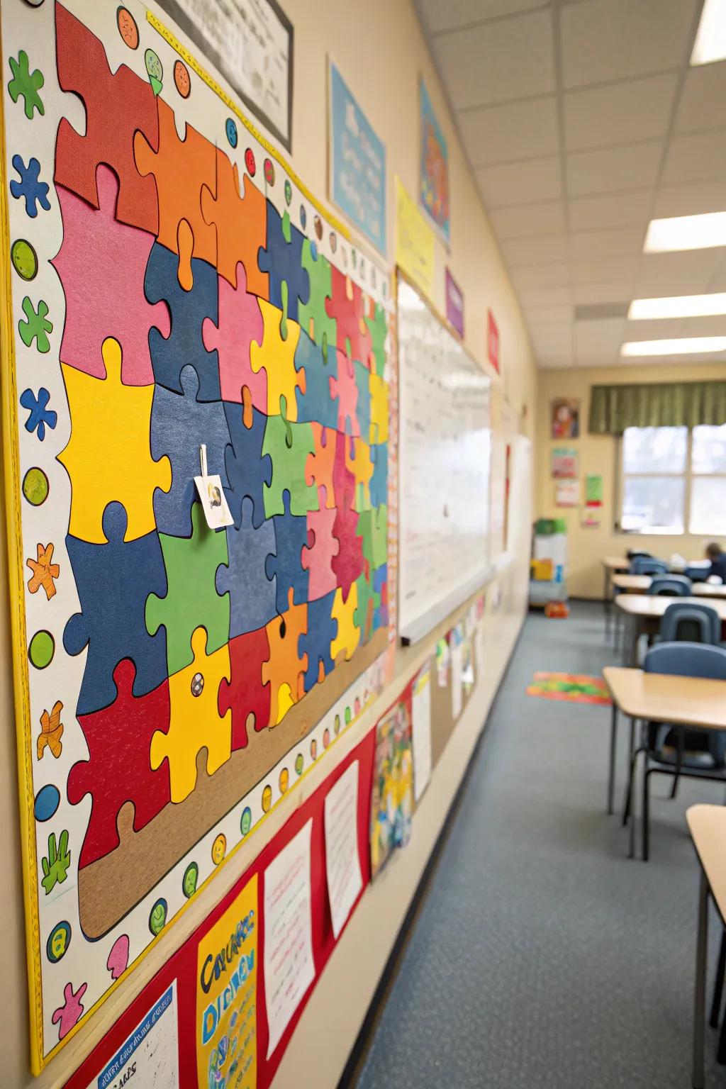 Puzzle-themed board encouraging unity and belonging.