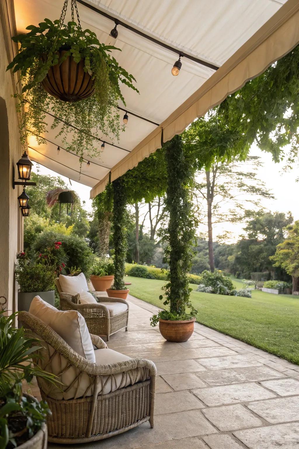 Create a garden oasis with a covering and suspended flora.
