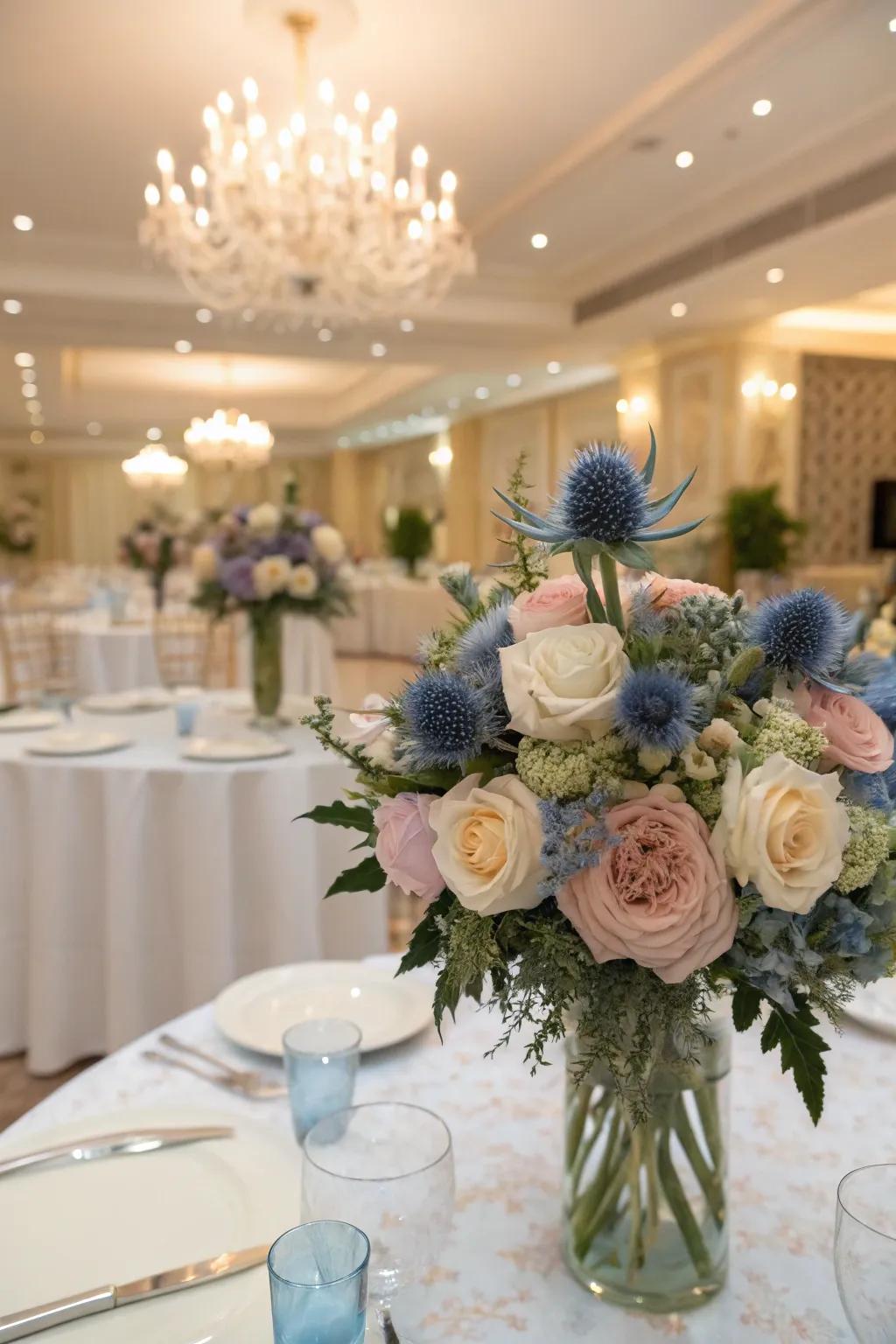 Azure botanical focal pieces contribute texture and depth to the decor.