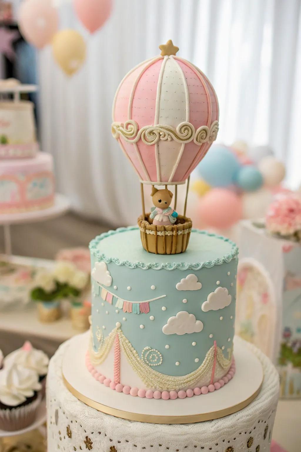 A playful rising balloon cake for a baby boy shower.