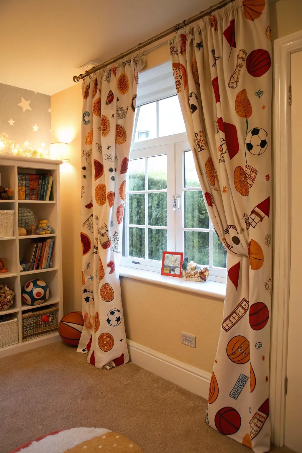 Sports curtains seamlessly integrate with the overall nursery theme.