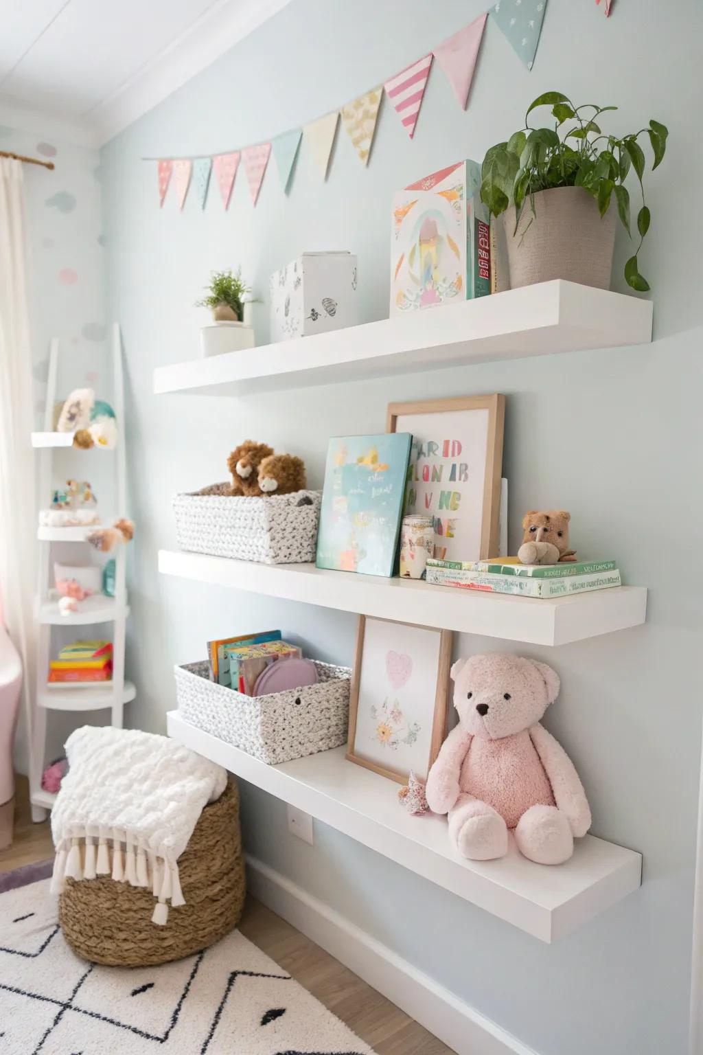 Floating shelves supply fashionable storing, display choices inside a nursery spot.