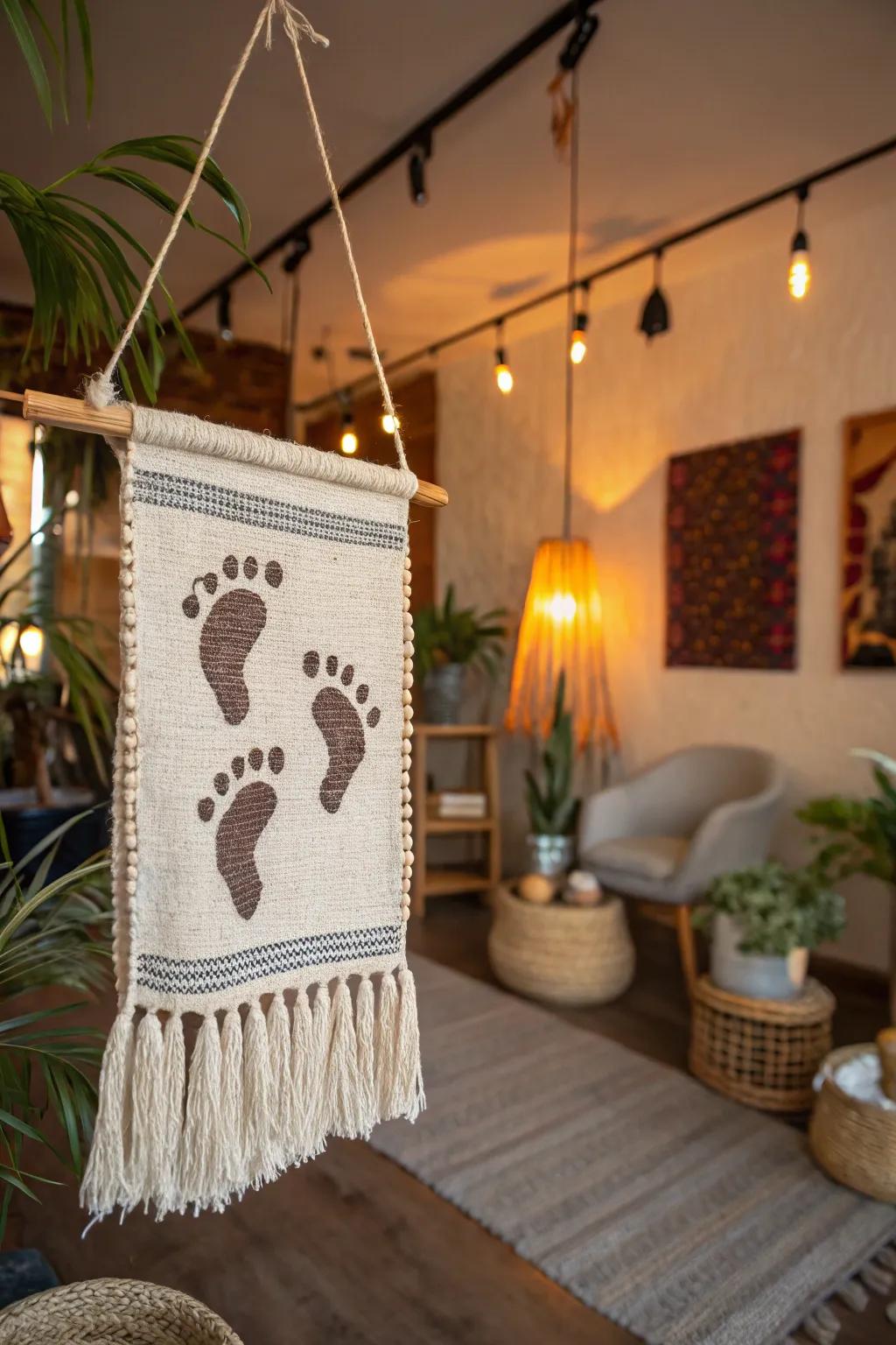 A delightful wall tapestry showcasing baby footprints with flair.