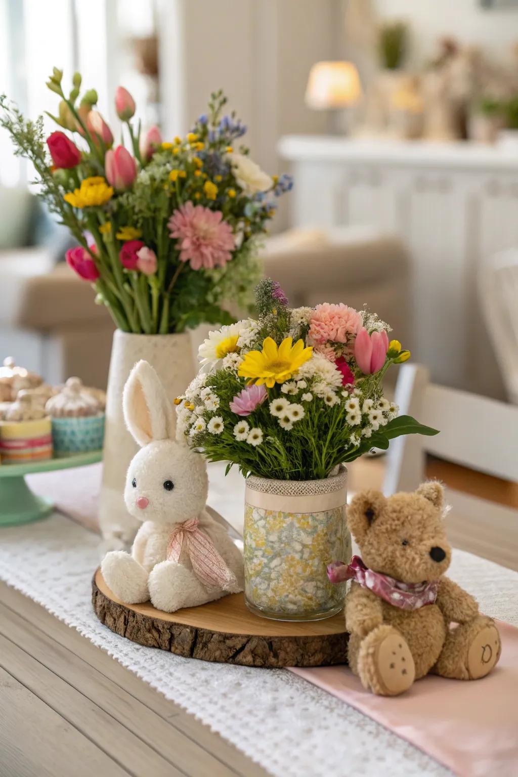 Joyful centerpiece featuring themed statuettes.