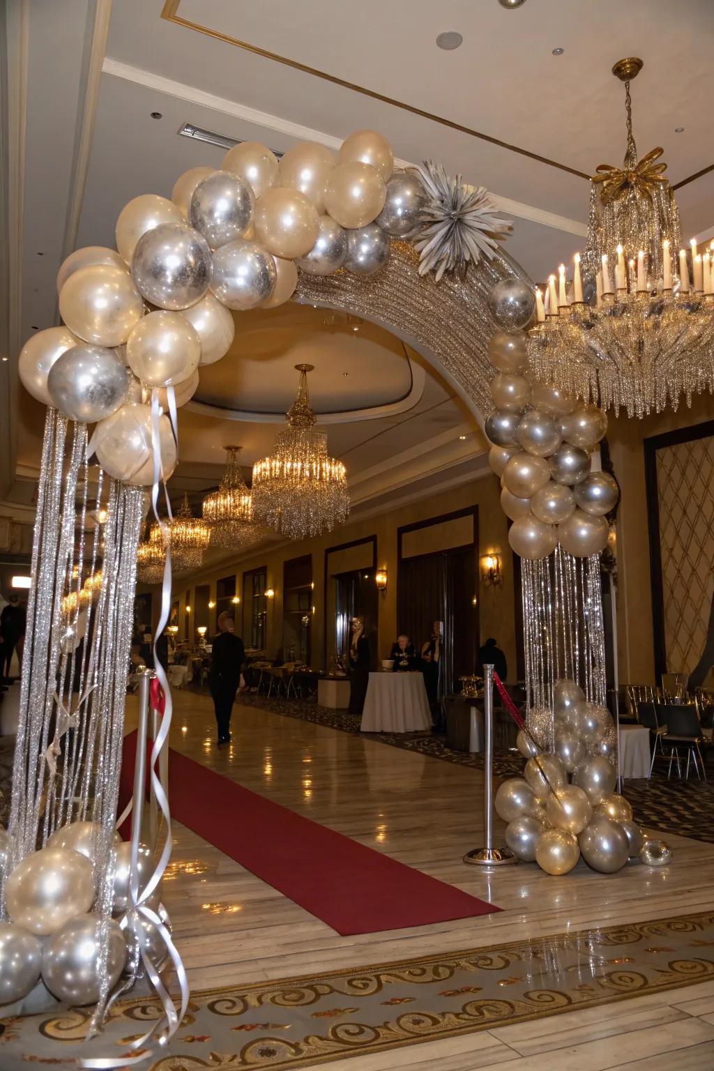 A metallic arch using gold and silver accents for a glamorous appearance.