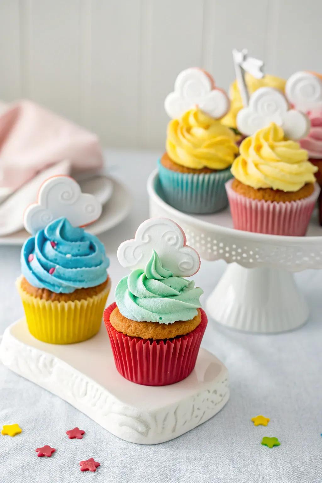 Cumulus-topped cupcakes for a dreamy, whimsical baby shower.