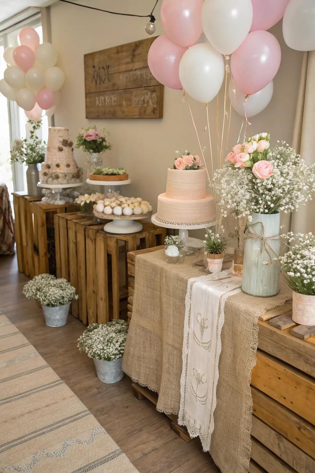 Country stylish decor using burlap creates a cozy atmosphere.