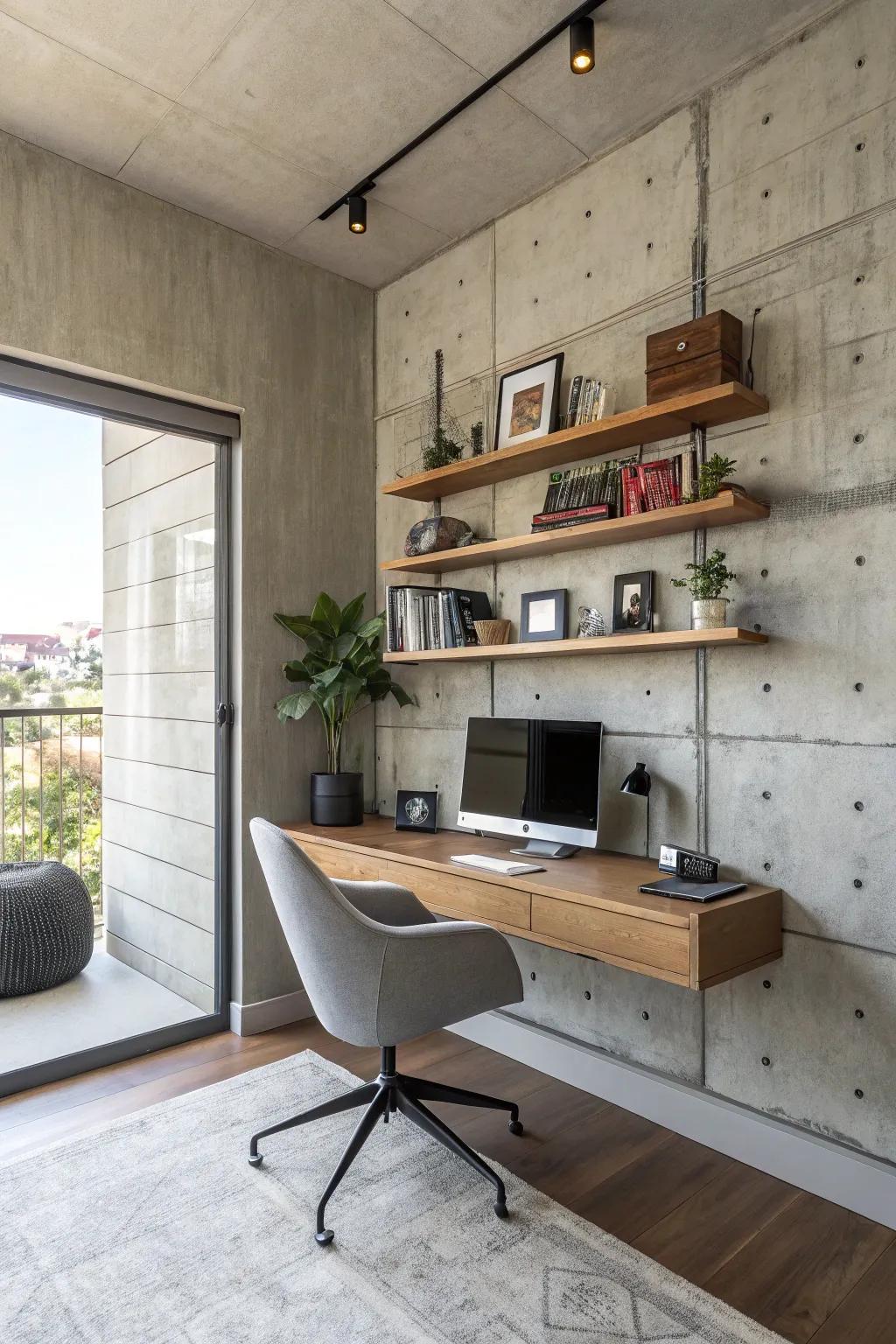 A home office with an industrial concrete wall and modern decor.