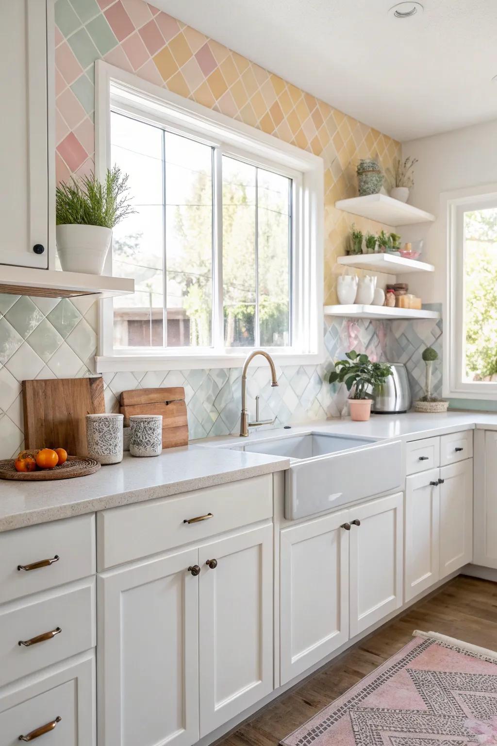 Delicate tiles cultivate a calming ambiance in this white kitchen.