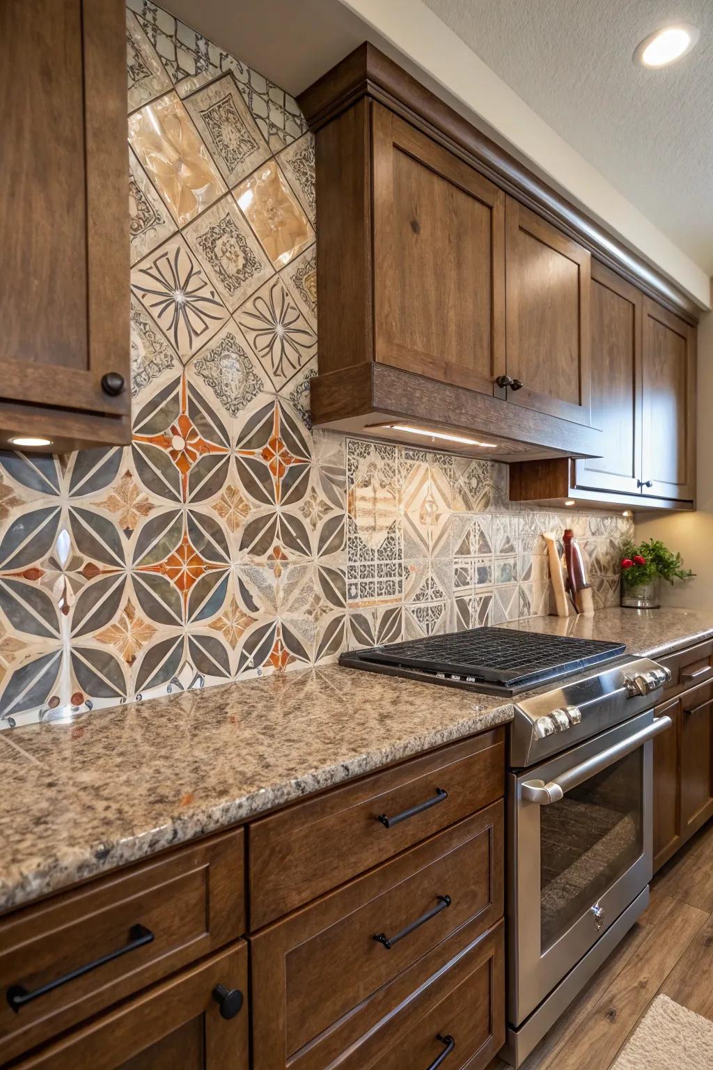 Symmetrical tiles append a modern style to fantasy brown granite.