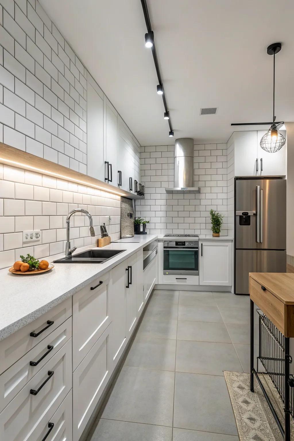 Minimalist white tiles create a serene and open kitchen space.