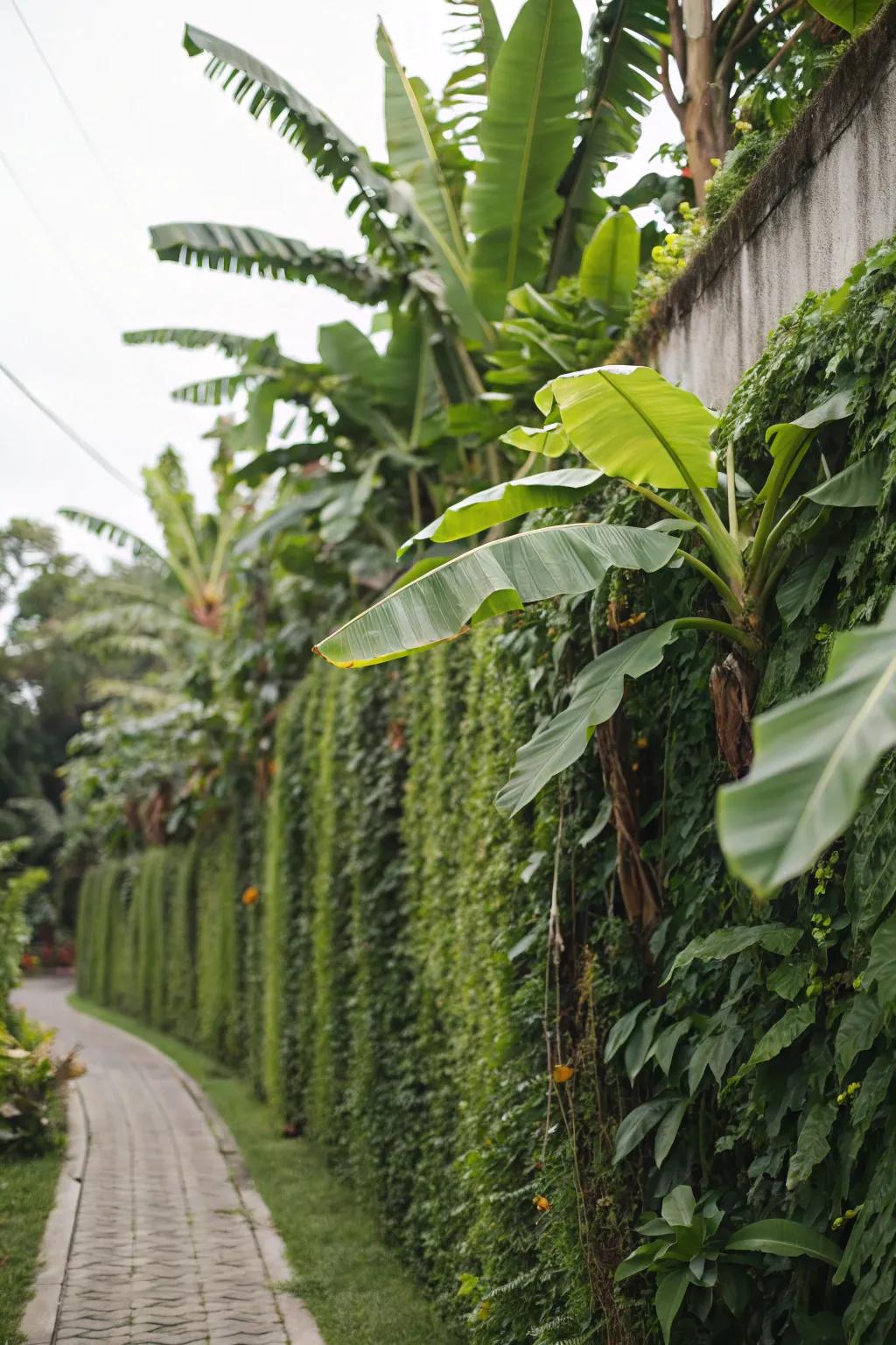 Craft a lush upright wall with banana trees and climbing plants.