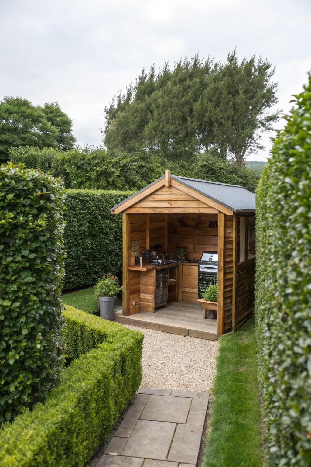 A secluded oasis with a BBQ shed and privacy screens.