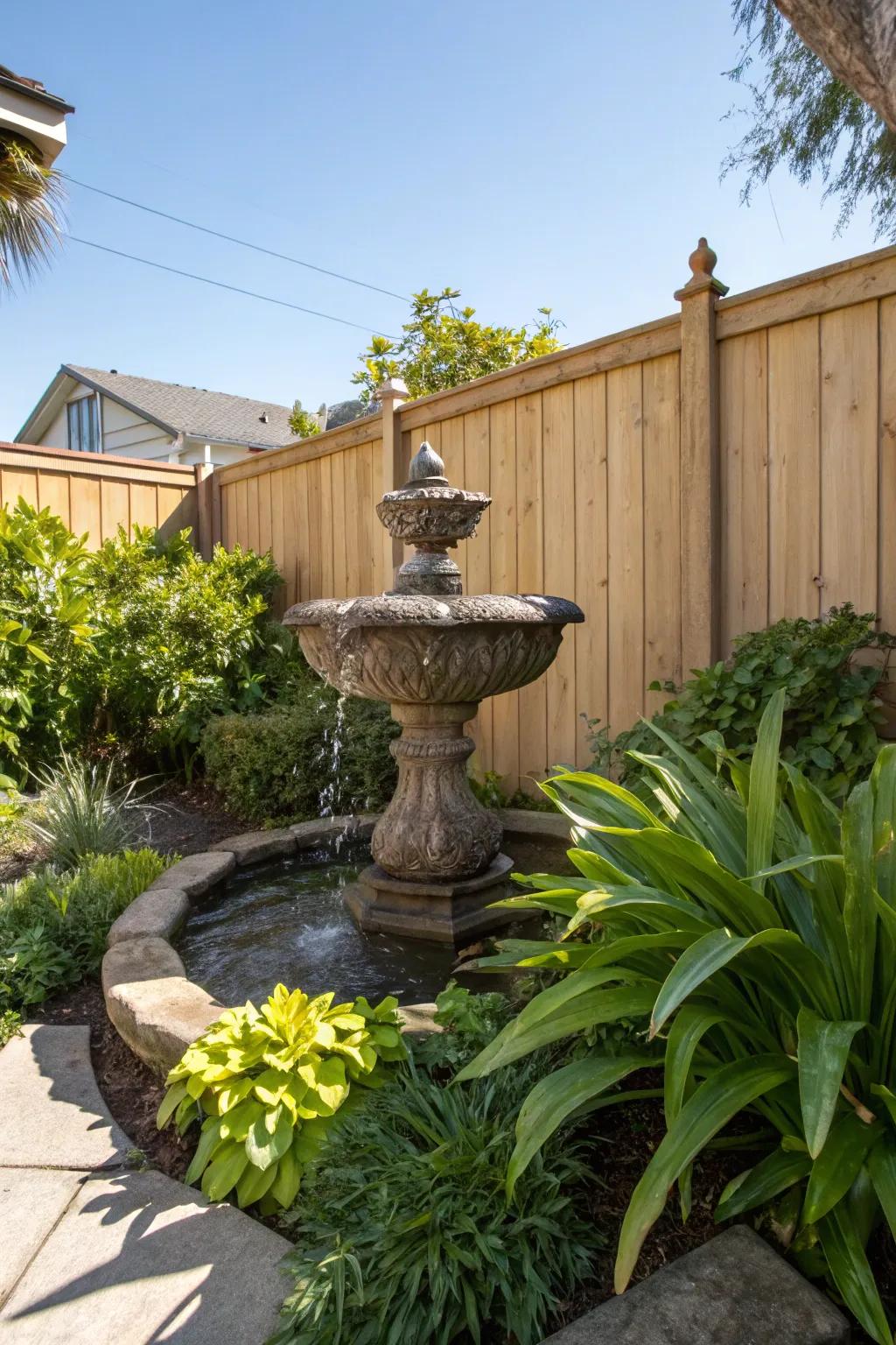 A fountain provides a tranquil focal point in your backyard.