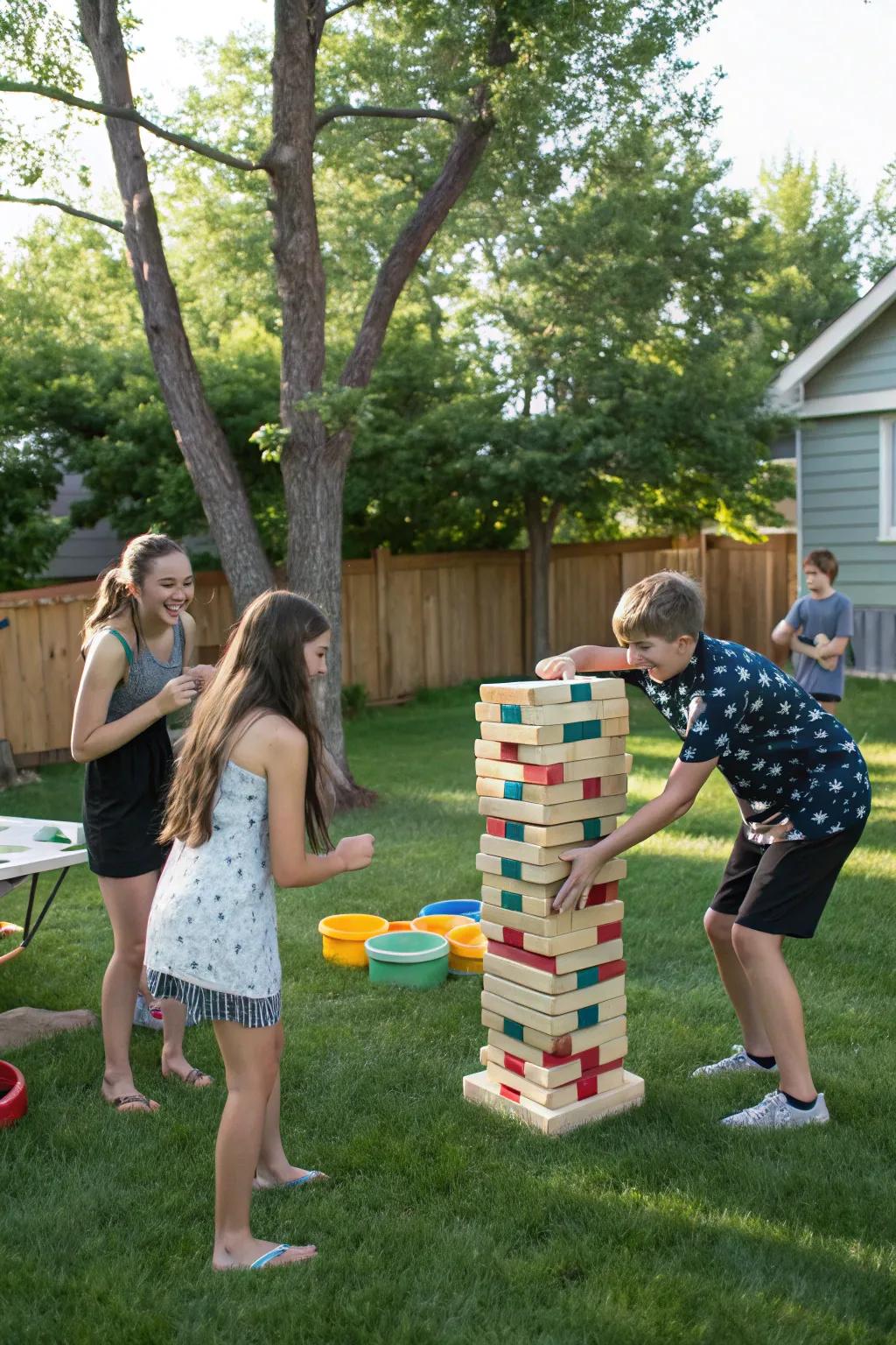 Guests enjoying oversized lawn games at the party.