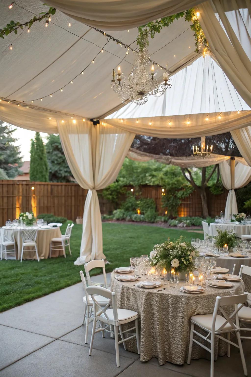 A chic canopy enclosure furnishes shade and sophistication to the wedding arrangement.