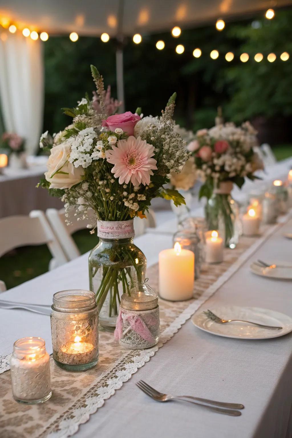 Down-to-earth wedding embellishments utilizing preserving containers enhance celebrations.
