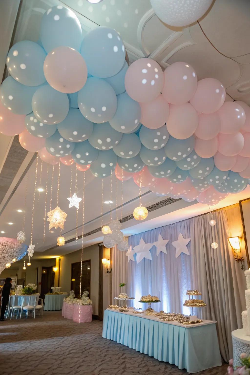 A fluffy form balloon ceiling crafts a magical overhead experience.