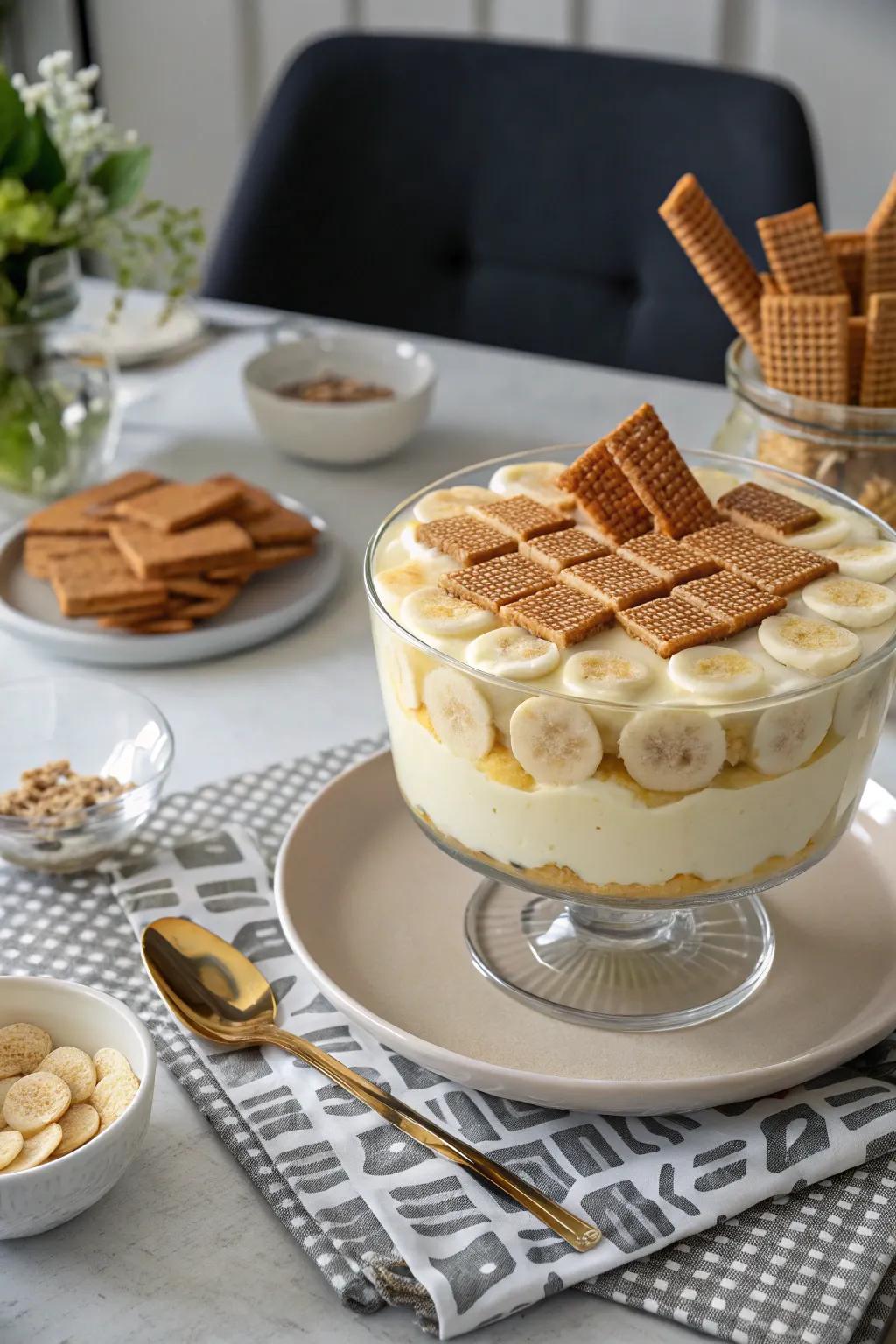 Symmetrical arrangements create a striking visual effect on banana pudding.
