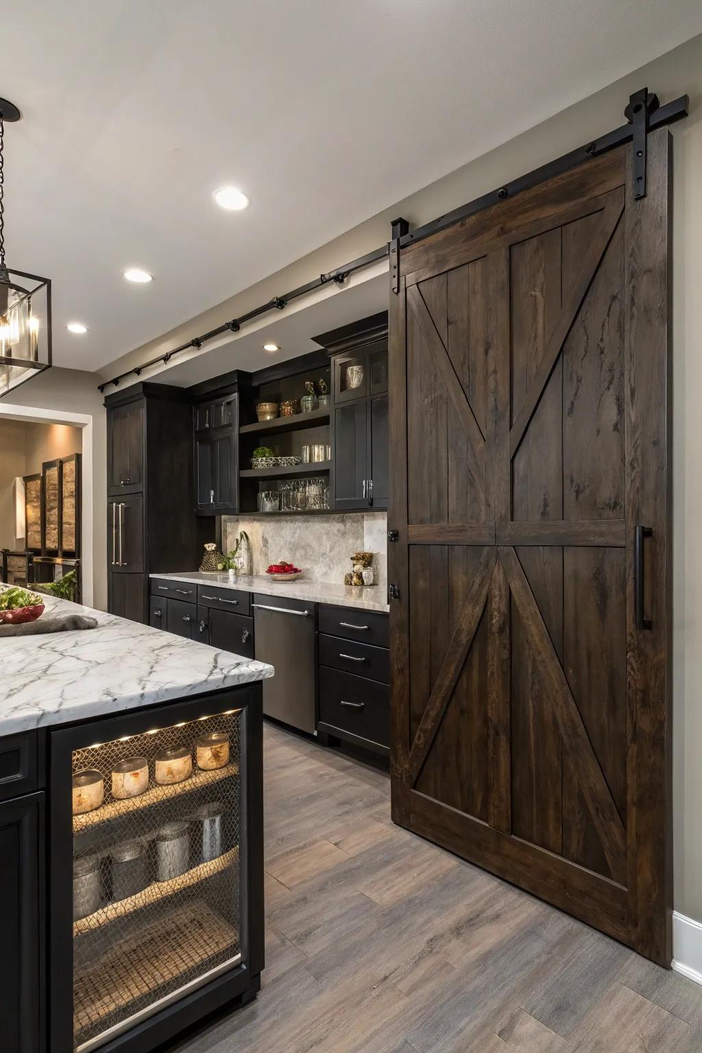 A kitchen featuring a sliding barn door pantry, characterized by dark tones.
