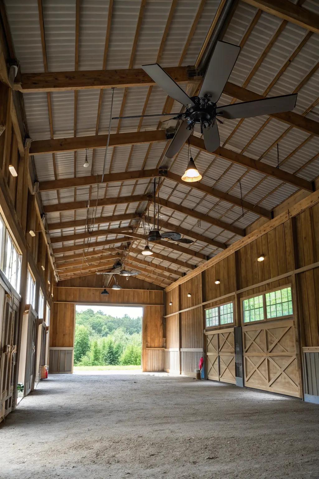Ceiling fans offer coziness and air flow in this garage.