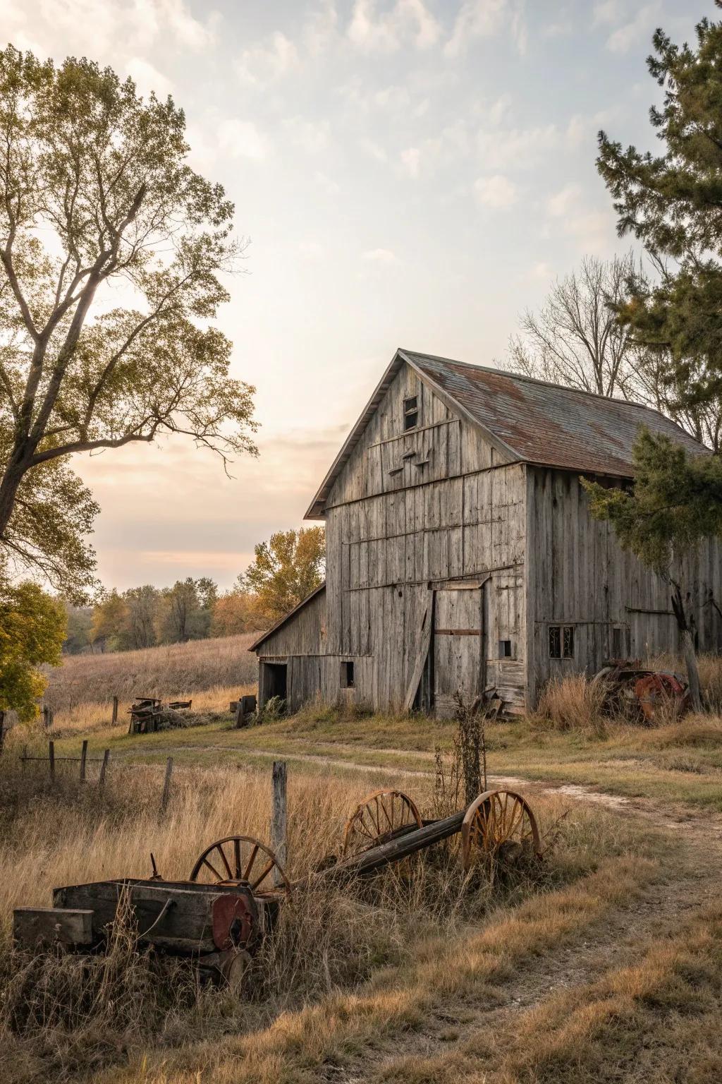 A barn wearing weathered timber siding that’s telling tales with every inch.