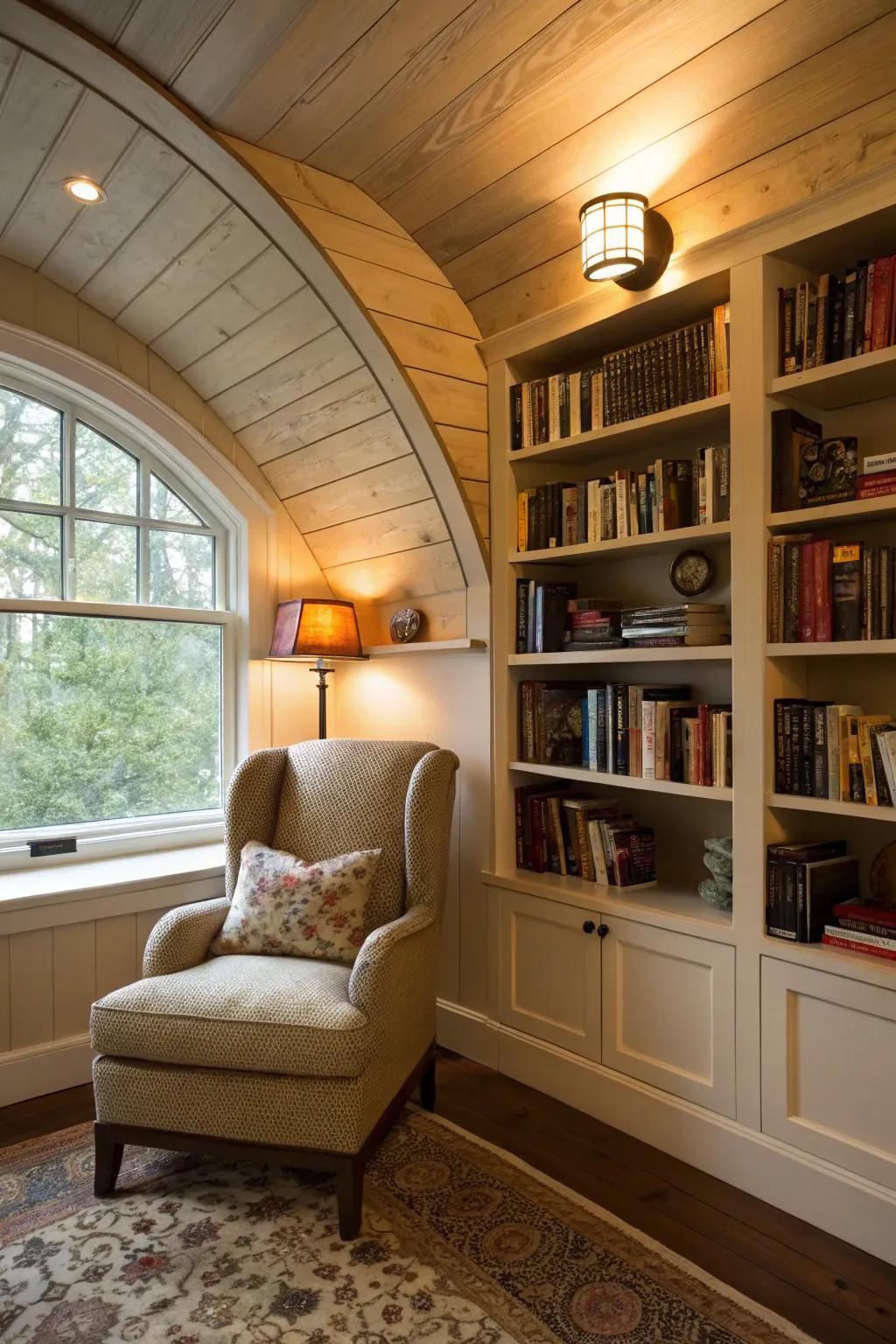 A snug perusing alcove featuring integrated shelving within the barrel ceiling.