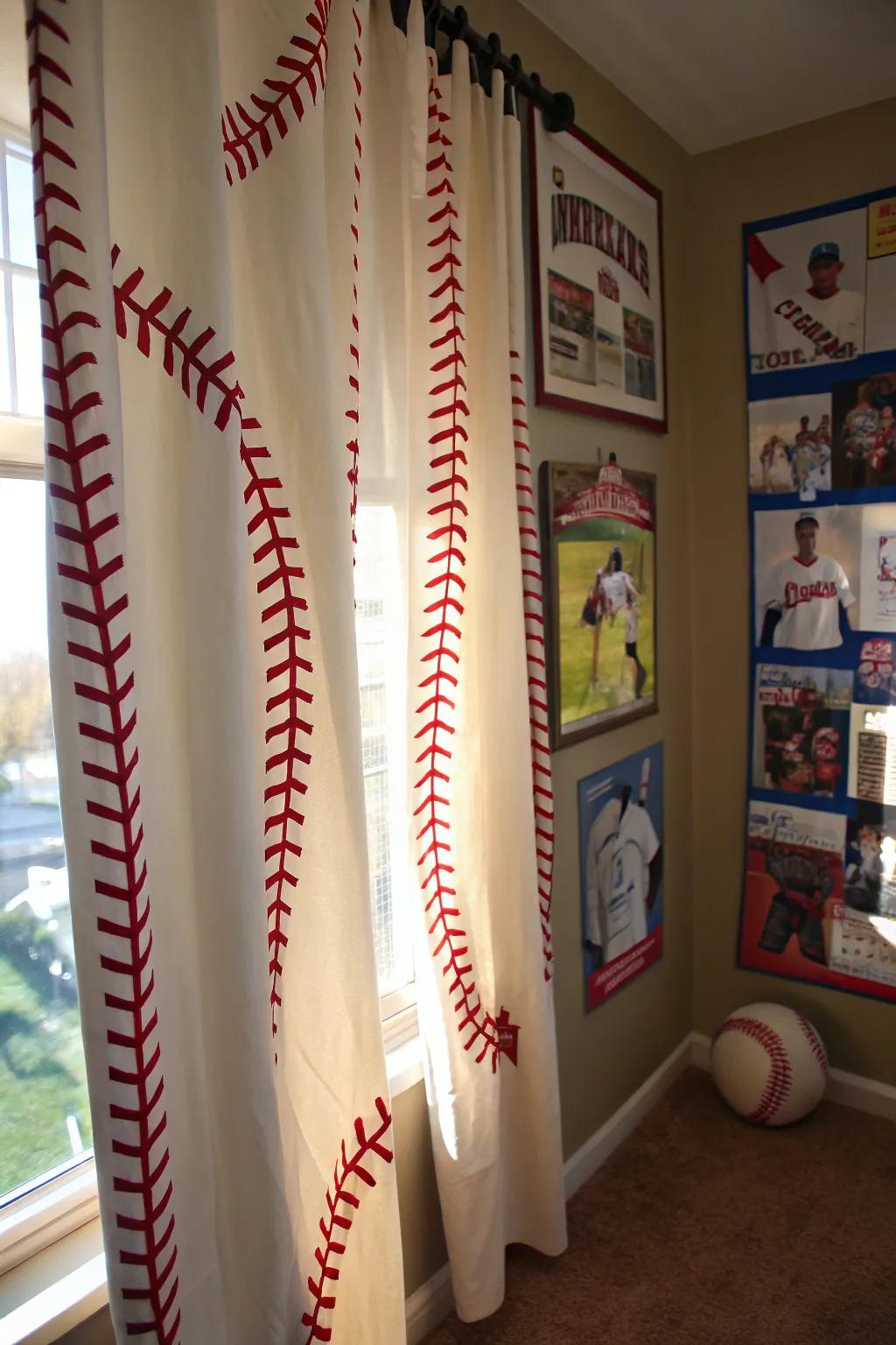 Curtains with baseball stitch detailing add an understated yet coherent touch to the room.