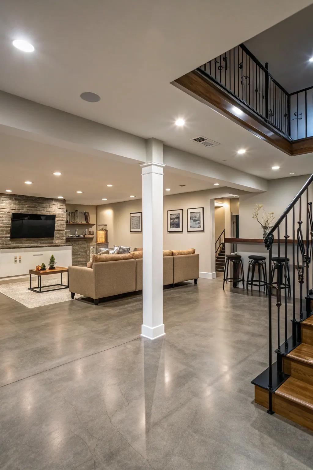Continuous cement floor transitions create a cohesive and flowing multi level basement.