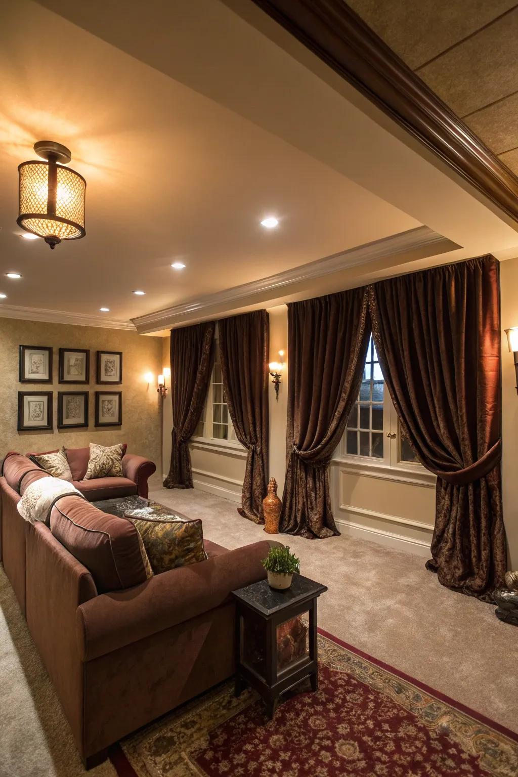 Drapes inject warmth and design into this well-planned basement.