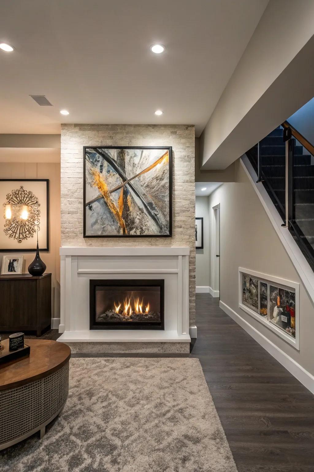 Art above the fireplace creates a striking focal point.