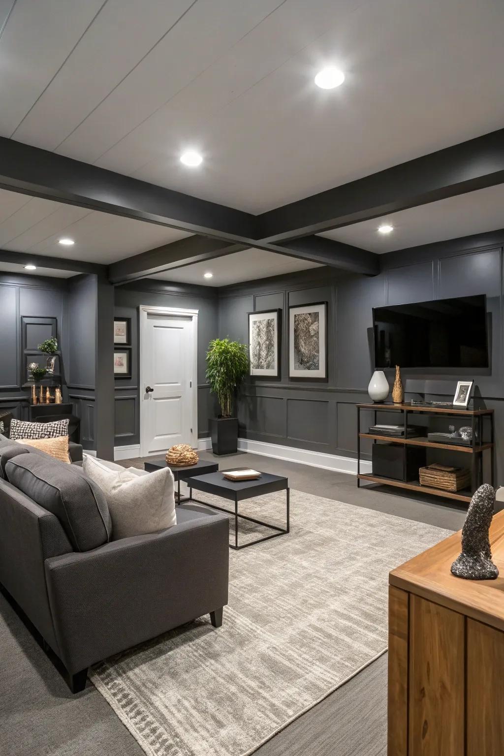 Coal walls give this basement a modern edge.