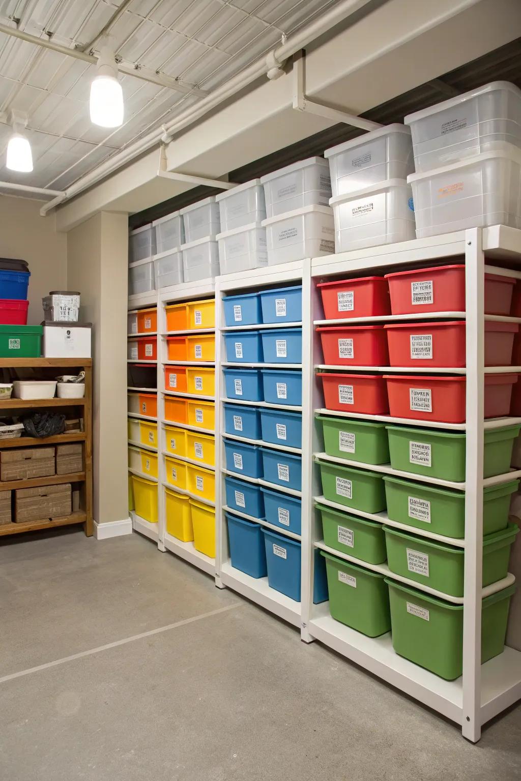 Color-coded shelves optimize organization and append visual appeal.